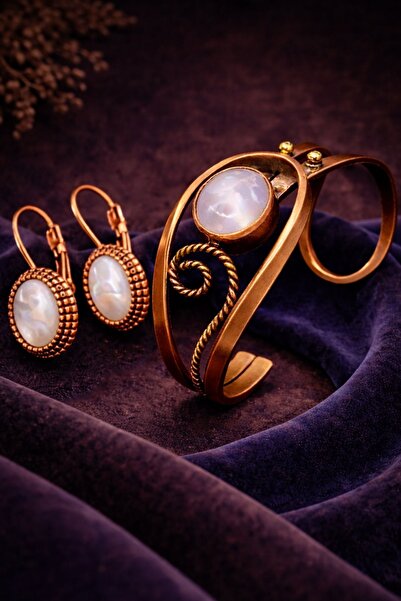 İyyaKee Kadın Bakır Bileklik ve Küpe Takım Set Doğal Beyaz Taşlı Saf Bakır Set