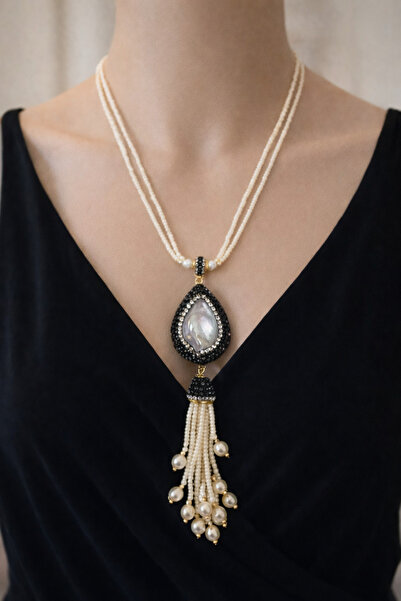 MGEStore Doğal Taş Görünümlü Damla Kolye İnci Püsküllü El Yapımı Şık Kadın Ko...