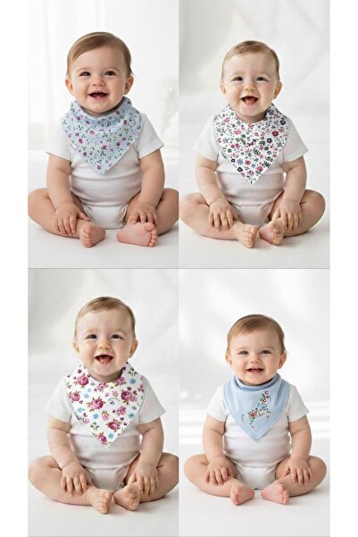 Bebek Mama Önlüğü 4'lü Bandana Model Pamuklu Yüksek Emici Hassas Ciltlere Uygun 0-3 Yaş Fular Önlüğü
