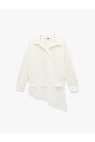 Koton Uzun Kollu Polo V Yaka Dantelli Etek Ucu Detaylı Sweatshirt