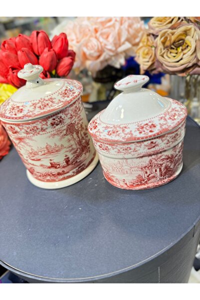 hediye Esterhomedecor 2-Piece Porcelain Spice Jar with Lid, Round and Oval Mo...