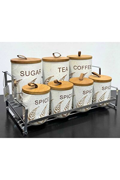 Generic Ceramic kitchen organizer set with a wood finish and metal stand