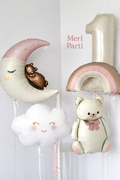 MERİ PARTİ Pastel Ayıcık & Ay Bulut Folyo Balon Seti Yaş Seçenekli Doğum Günü...