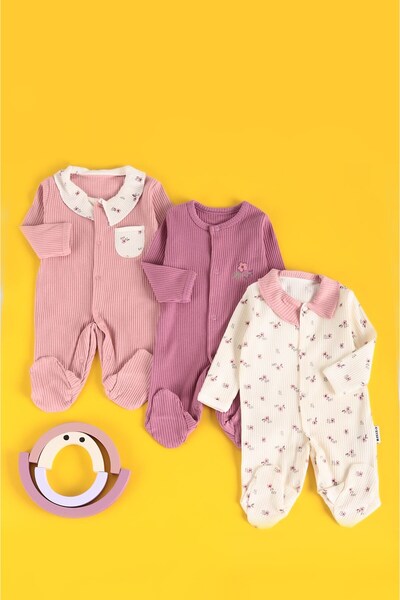 Ege Bebek Kız Bebek 0-3 / 3-6 / 6-9 Ay Çiçek Baskılı Patikli Alttan Çıtçıtlı ...