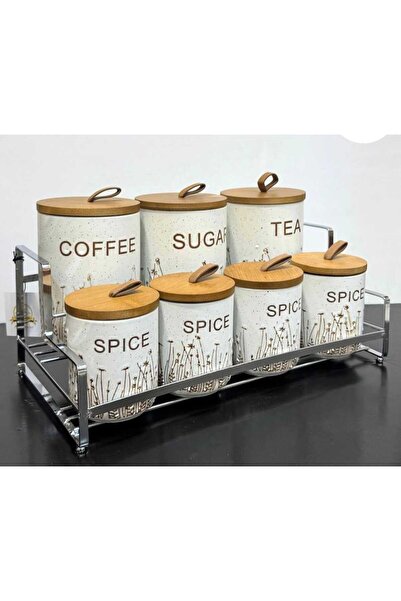 Generic Ceramic kitchen organizer set with a wood finish and metal stand