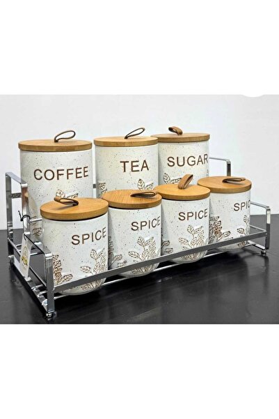 Generic Ceramic kitchen organizer set with a wood finish and metal stand