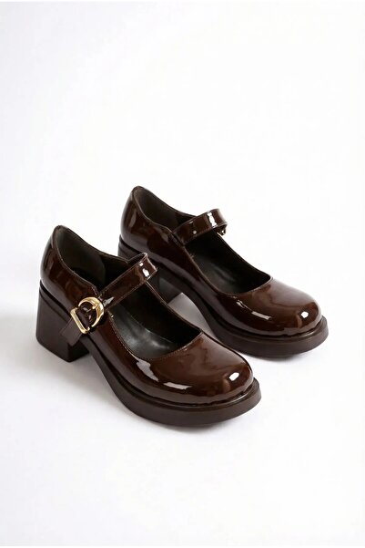 marceline Pantofi de damă din piele lacuită maro amar, cu toc gros și curea, ...