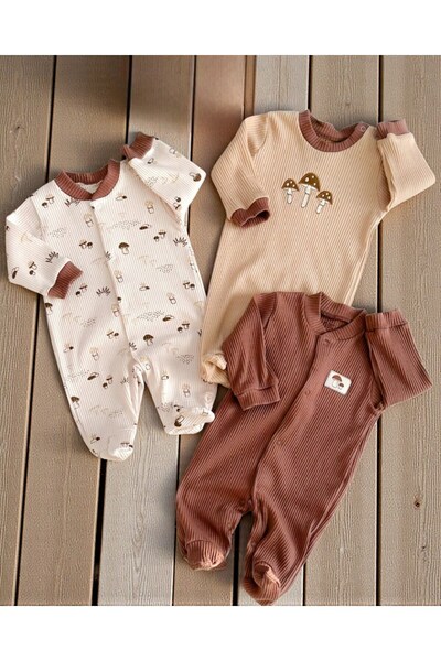 voyyo kids baby 3-6 / 6-9 Ay Mantar Nakışlı Alttan Çıtçıtlı 3'lü Tulum Seti