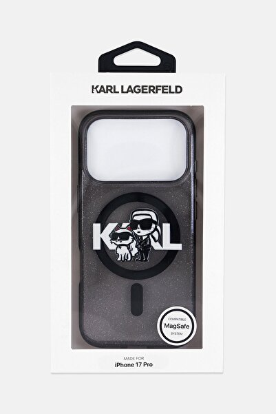 Karl Lagerfeld جراب هاتف آيفون 17 برو ماج سيف لامع مزين برأس شوبيت، رمادي