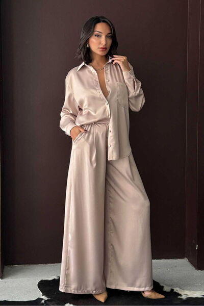 Caddebostan Moda Stone High Waist Wide Leg Satin Trousers Modern Premium Luxu...