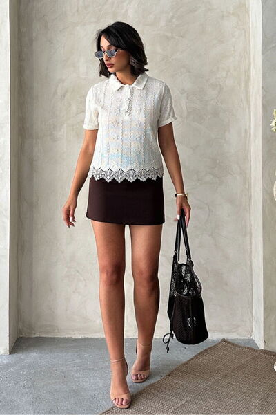 Caddebostan Moda Polo Collar Embroidered Lace Blouse Modern Premium Luxury Tr...