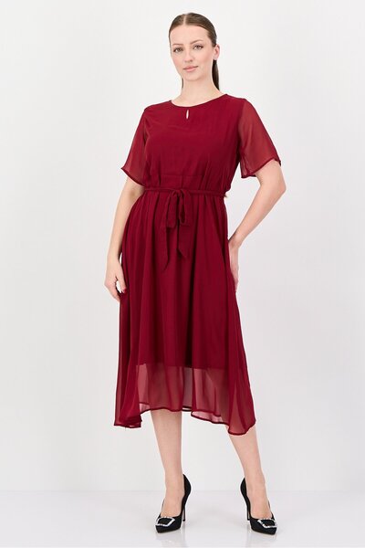 freesoul Women Solid Belted Maxi Dress, Dark Red