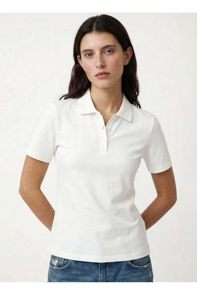Fabrika Düz Beyaz Kadın Polo T-Shirt