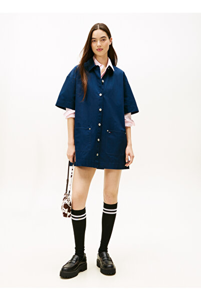 Tommy Jeans Gömlek Yaka Düz Lacivert Kısa Kadın Elbise TJW POCKET MINI SHIRT ...