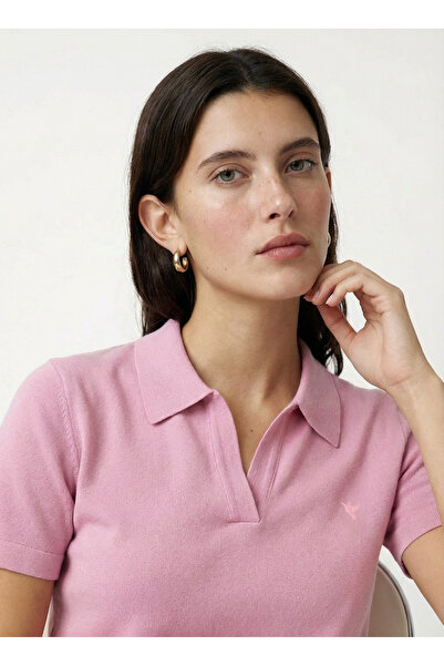 Fabrika Polo Yaka Slim Fit Düz Açık Pembe Kazak Kadın F6SL-KZK0057