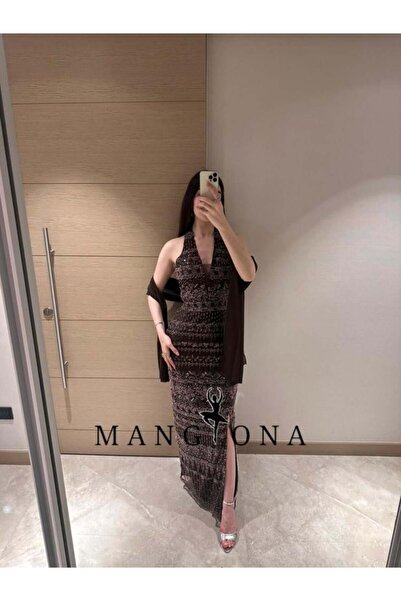 MANGONA Luxurious long evening gown in a rich chocolate brown color, fully em...