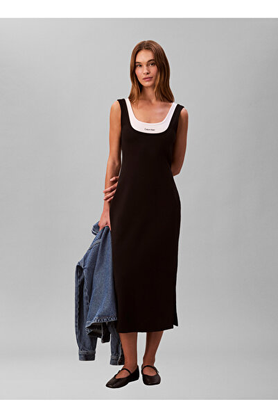 Calvin Klein Jeans Kare Yaka Düz Siyah Uzun Kadın Elbise SL INTERLOCK MIDI DRESS