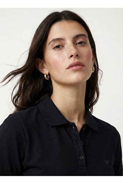 Fabrika Düz Siyah Kadın Polo T-Shirt