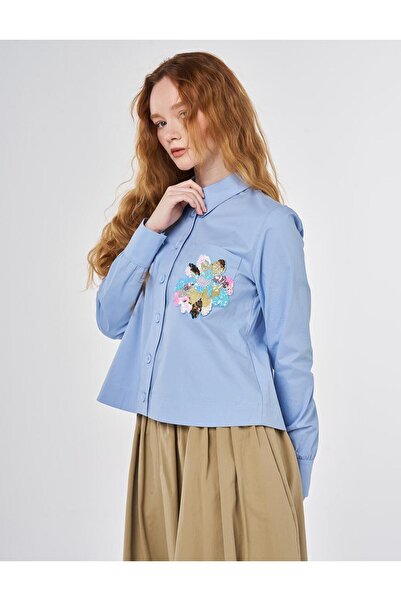 KYR Sequin Embroidered Cotton Blouse Light Aviator Blue