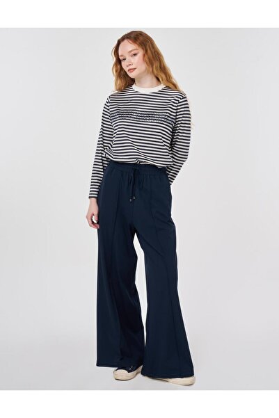 Kayra Elastic Waist Comfortable Cut Trousers Dark Navy Blue