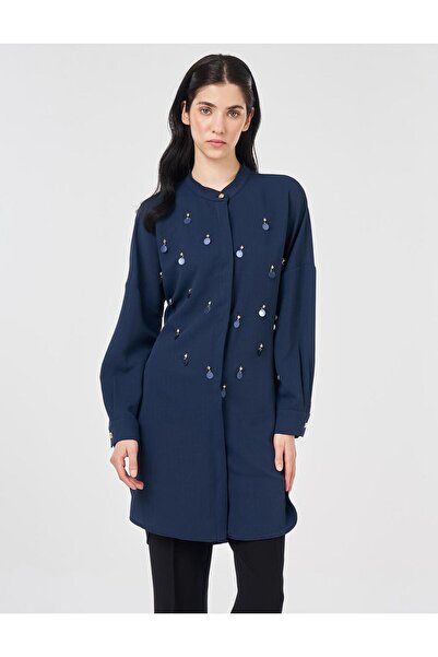 Kayra Sequin Detailed High Collar Tunic Dark Navy Blue