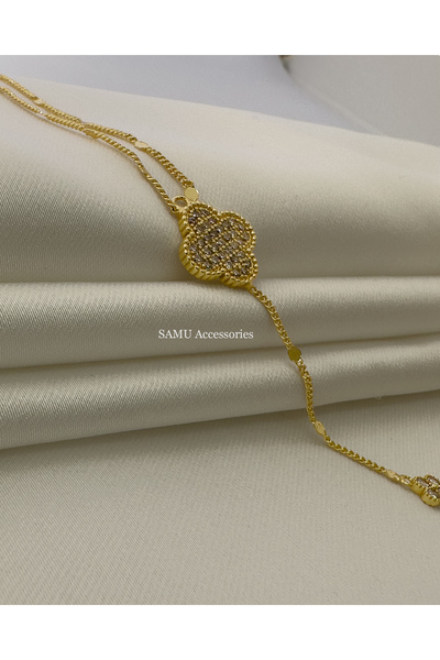 Samu Accessories Sallantılı Pavé Yonca ve Pul Zincir Çelik Kolye - Golden Pav...
