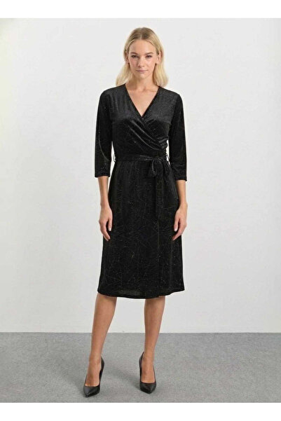 Selen Kruvaze Yaka Desenli Siyah Standart Kadın Elbise 25KSL7719