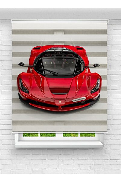 Enzo Home Kırmızı Spor Araba Desenli Baskılı Zebra Perde – Ferrari Tarzı
