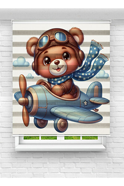 Enzo Home Uçaklı Ayıcık Baskılı Zebra Perde – Pilot Ayı Desenli