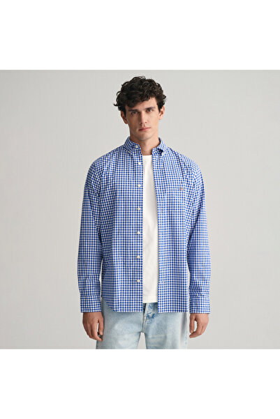 Gant Erkek Mavi Regular Fit Düğmeli Yaka Kareli Gömlek