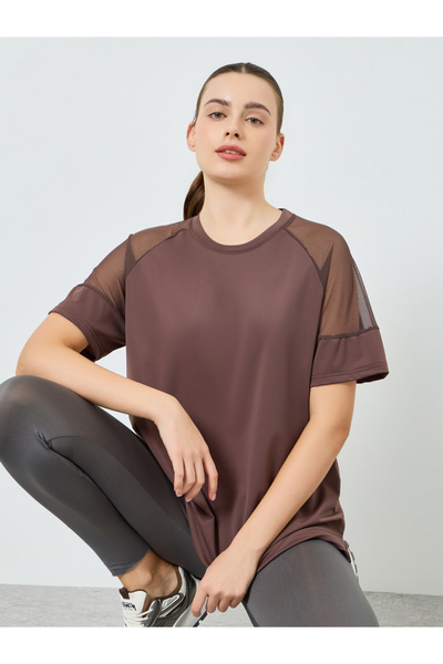 Styli Women Brown Shoulder Mesh Panel Yoga Top
