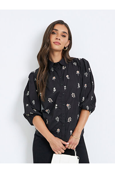 Styli Women Black Embroidered Shirt with 3/4 Sleeves