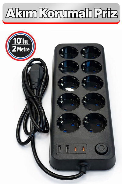 Badem10 Grup Priz Akım Korumalı 10’lu 2 Metre Kablolu 2 USB + 2 Type-C Şarj G...