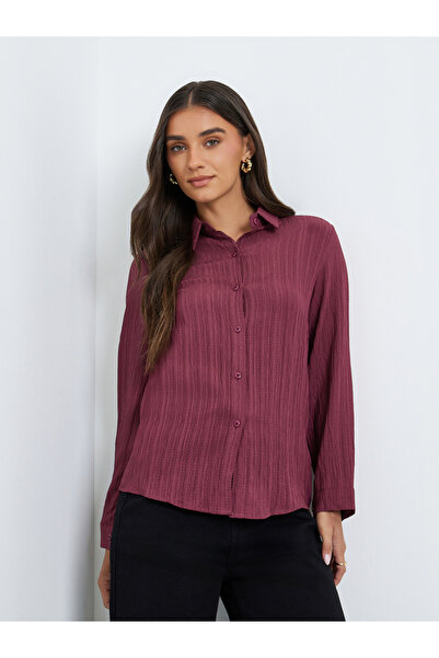 Styli Women Burgundy Textured Linen Long Sleeve Shirt