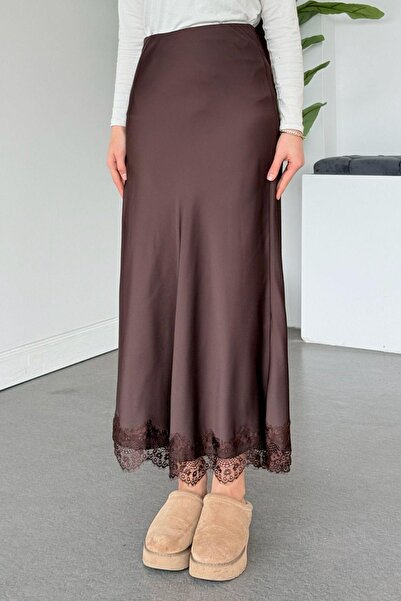 Hazamoda Samara Lace Satin Skirt Brown