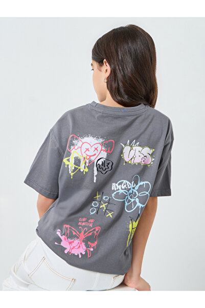 Styli Girls Grey Graphic Print Cotton T-Shirt