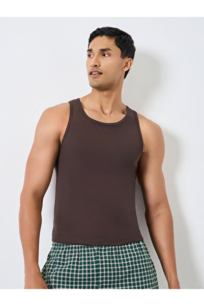 Styli Men Brown Cotton Ribbed Vest