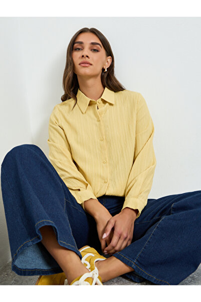 Styli Women Yellow Textured Linen Long Sleeve Shirt
