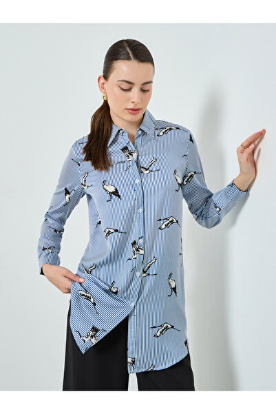 Styli Women Blue Bird Print Long Sleeve Shirt