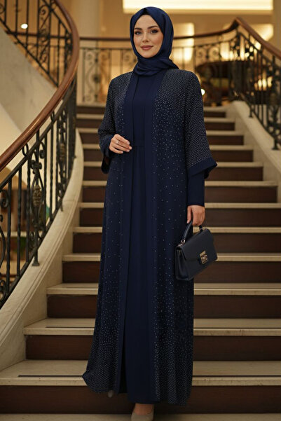 N.S NEVA STYLE Simli Lacivert Tesettür Abiye Elbise 4831L