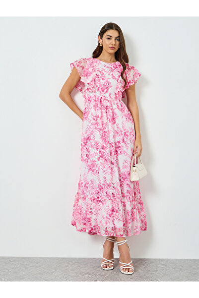 Styli Women Pink Floral Print Ruffled Sleeves Maxi Dress