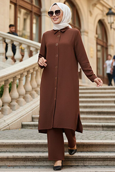 N.S NEVA STYLE Buttoned Dark Tan Hijab Double Set 12791Ktb