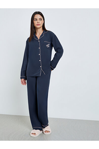 Styli Women Navy Blue Long Sleeve Shirt and Pyjama Set