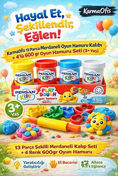 KarmaOfis 13 Pieces of Rolling Pin Play Dough Mold + 4 Pack of 600Gr Play Dou...
