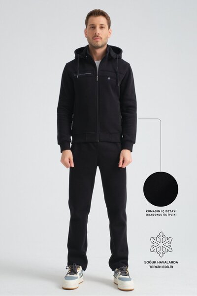 Shooter Sportswear Black Premium Winter Men's Tracksuit Set Regular Hooded