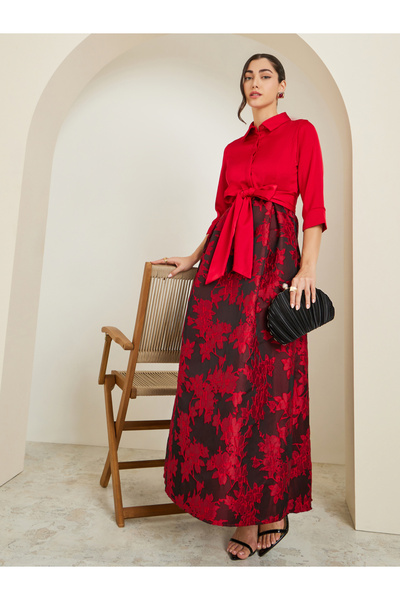 Styli Women Red Floral Tie-Up A-Line Maxi Dress