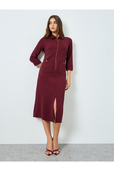 Styli Women Burgundy Shirt Midi Dress with 3/4th Sleeves