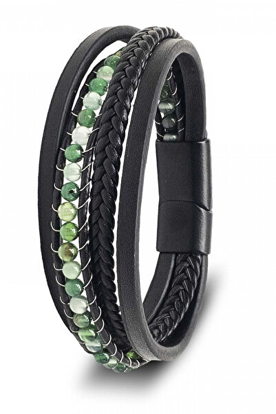 OSMANLI GÜMÜŞ Men's Leather Bracelet Green Agate Natural Stone Black Multi Le...