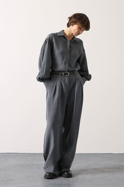 Trend Alaçatı Stili Women's Gray Pleated Double Pocket Belted Palazzo Trouser...