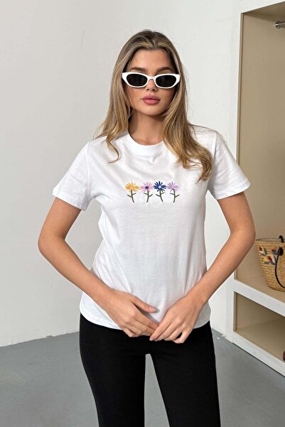 GİYSA Tricou de damă cu decolteu rotund, brodat cu margarete, 100% bumbac, al...